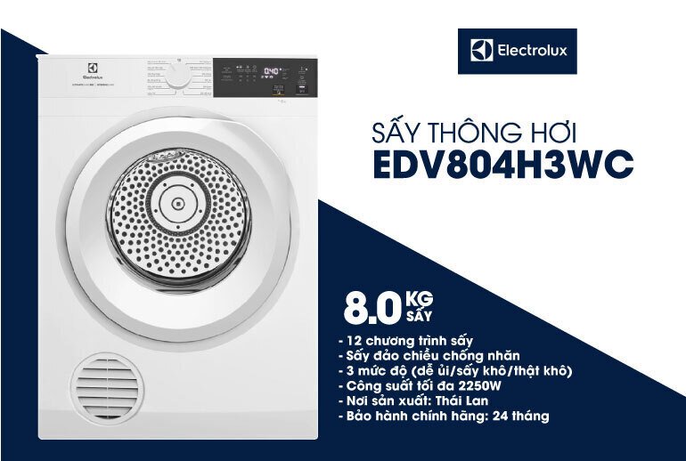 máy sấy thông hơi electrolux ultimatecare 8 kg edv804h3wc