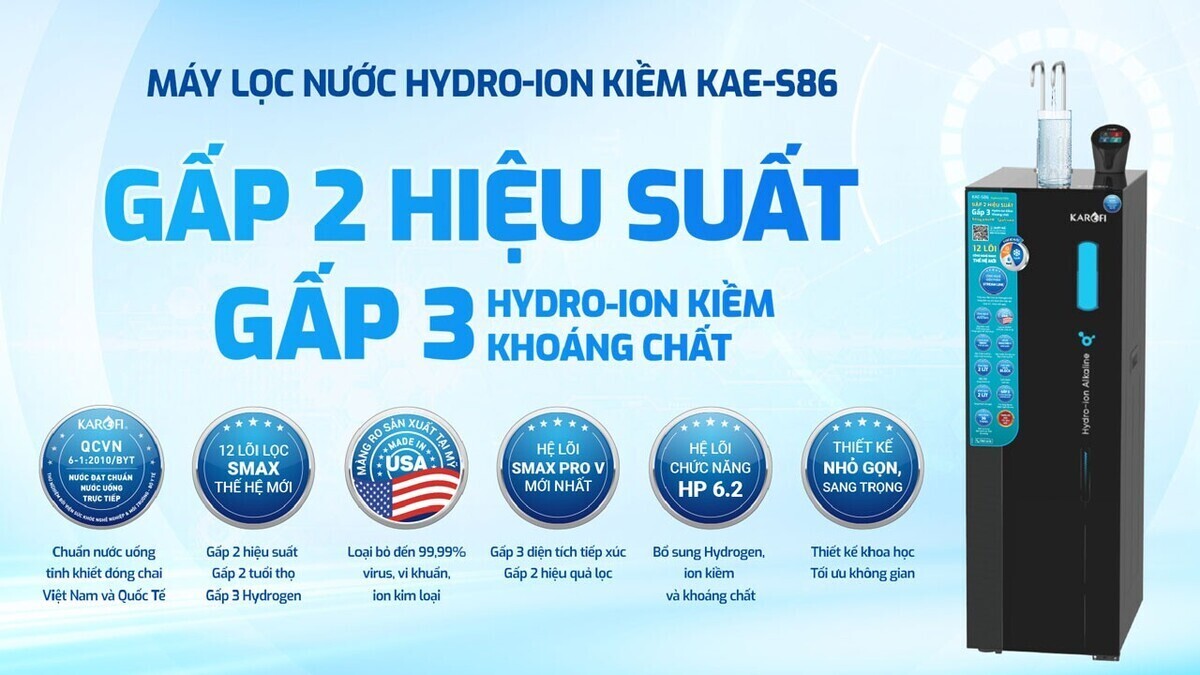 máy lọc nước nóng lạnh hydro-ion kiềm karofi kae-s86