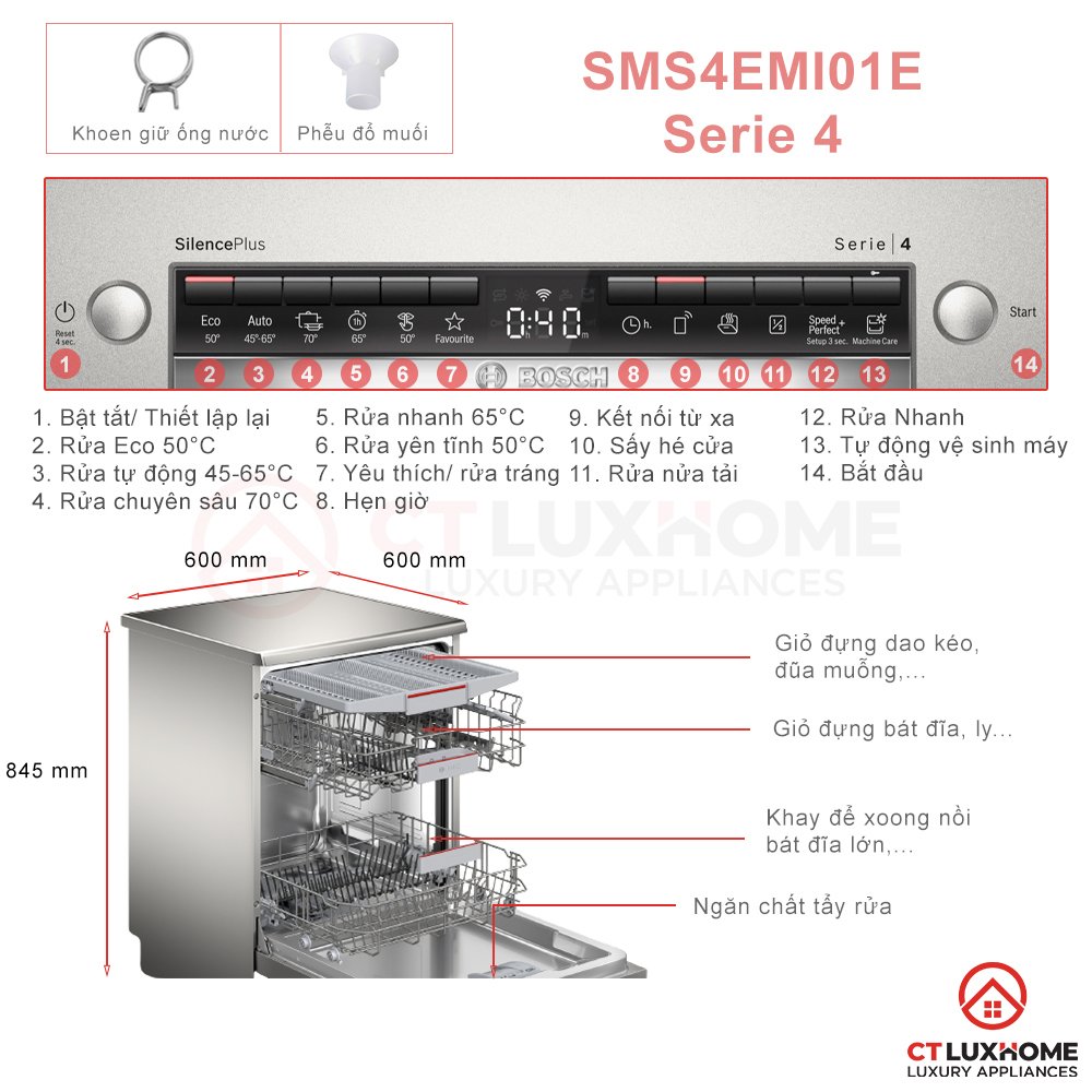 máy rửa bát độc lập bosch sms4emi01e serie 4 14 bộ