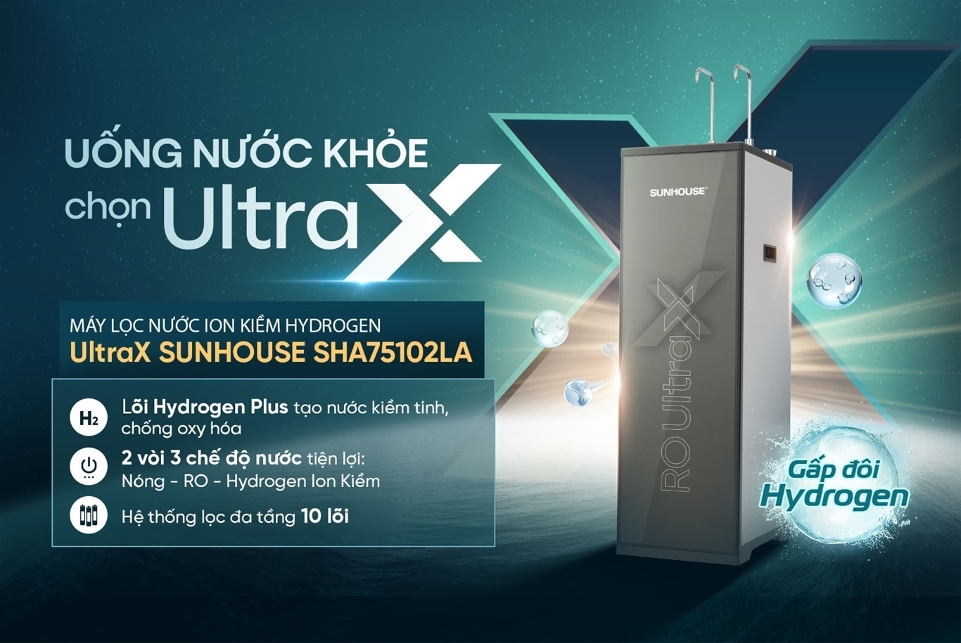 máy lọc nước ion kiềm hydrogen ultrax sunhouse sha75102la