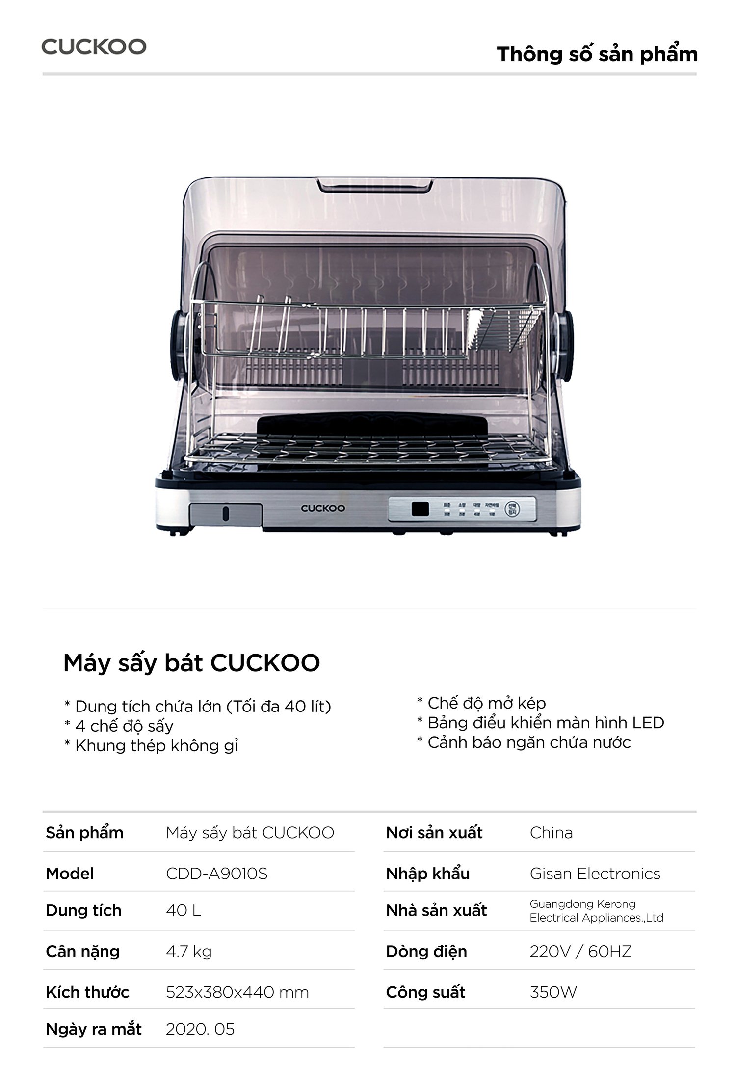 máy sấy bát điện tử 40 lít cuckoo cdd-a9010