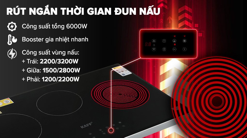 bếp từ hồng ngoại 3 vùng nấu âm kaff kf-ic3801 6000w