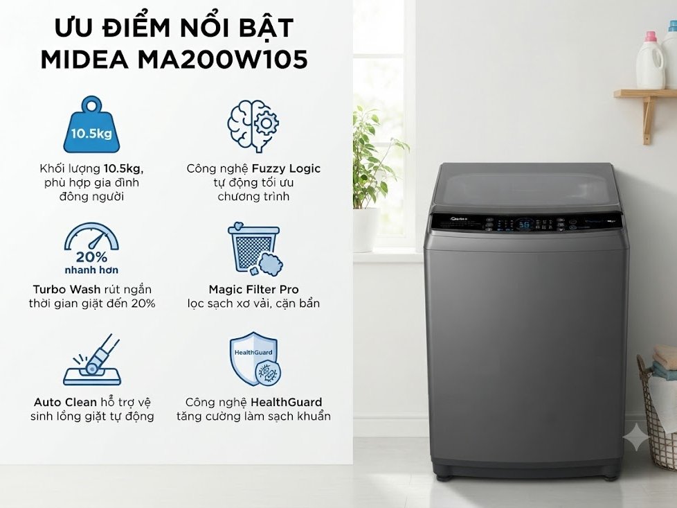 máy giặt cửa trên midea inverter 10.5kg ma200w105