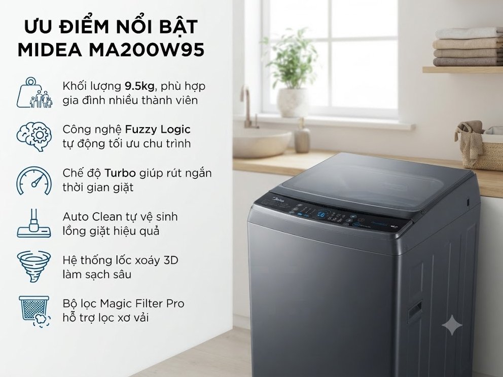 máy giặt cửa trên midea 9.5kg ma200w95