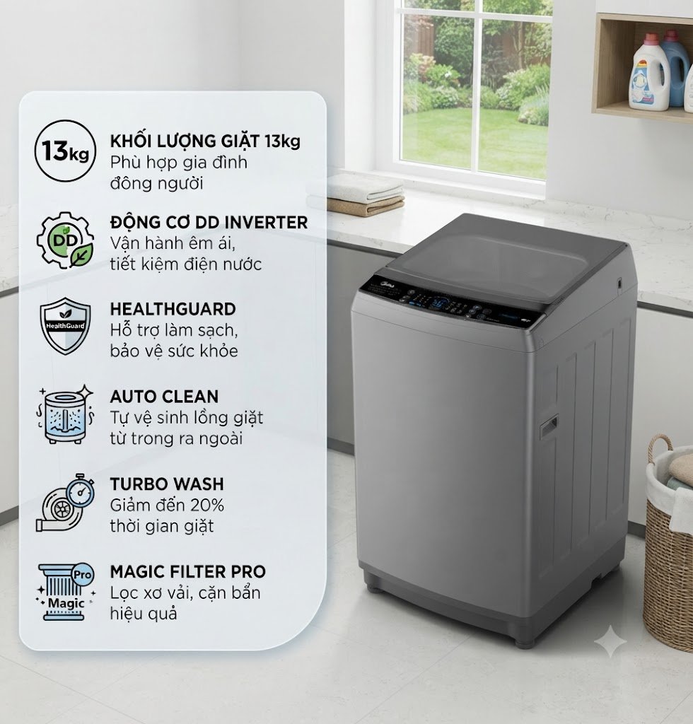 máy giặt cửa trên inverter midea 13kg ma200w130