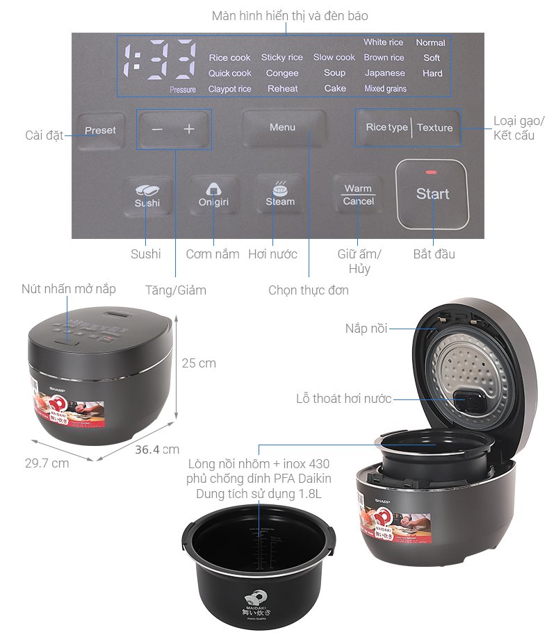 nồi cơm điện áp suất cao tần sharp ks-xw181v-s 1.8 lít