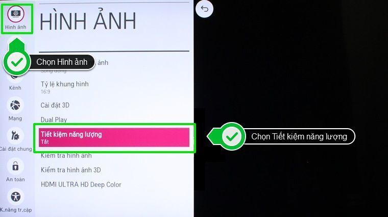 cách bật chế độ tiết kiệm năng lượng trên smart tivi lg hệ điều hành webos