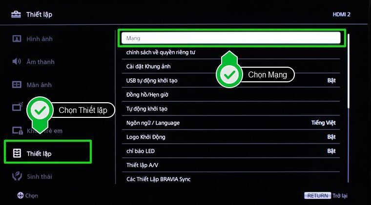 cách cài đặt ip và dns mạng cho internet tivi sony