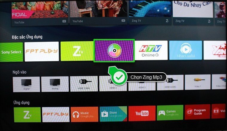 cách sử dụng ứng dụng zing mp3 trên android tivi sony 2015