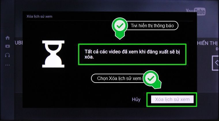 cách xóa lịch sử youtube trên smart tivi samsung, lg, sony