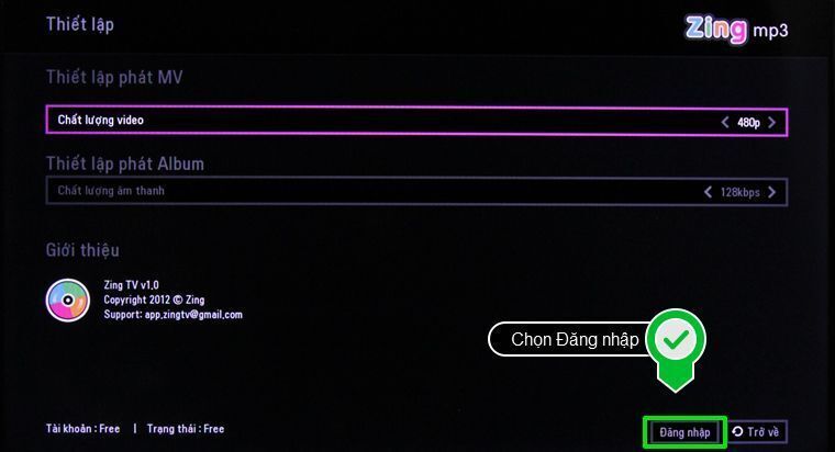 cách kích hoạt tài khoản zing mp3 trên smart tivi