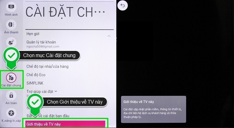 cách kiểm tra thông tin tivi trên smart tivi lg hệ điều hành webos