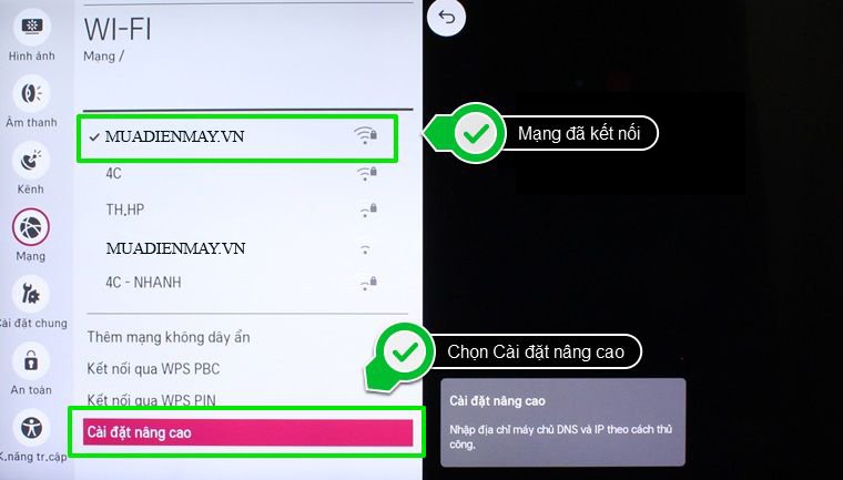 cách cài đặt ip và dns mạng cho smart tivi lg hệ điều hành webos