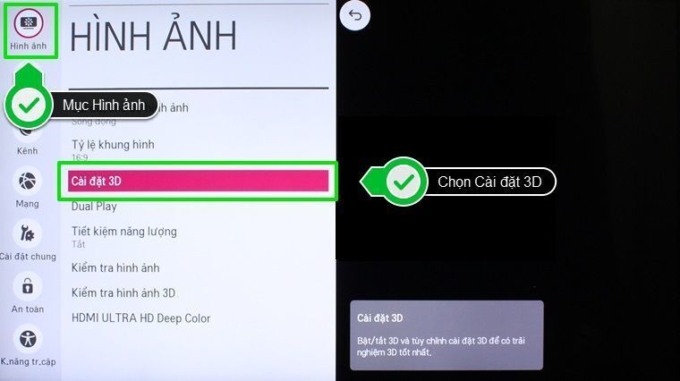 cách bật chế độ 3d trên smart tivi lg hệ điều hành webos