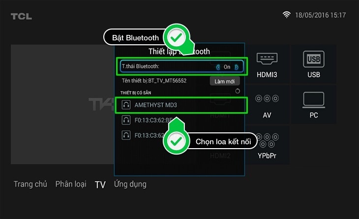 cách kết nối smart tivi tcl 2016 với loa bluetooth