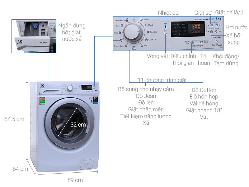 máy giặt electrolux inverter 9 kg ewf12942