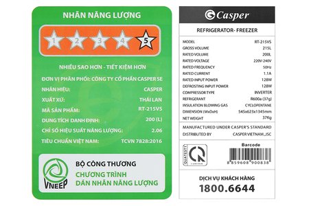 Tủ lạnh Casper Inverter 200 lít RT-215VS