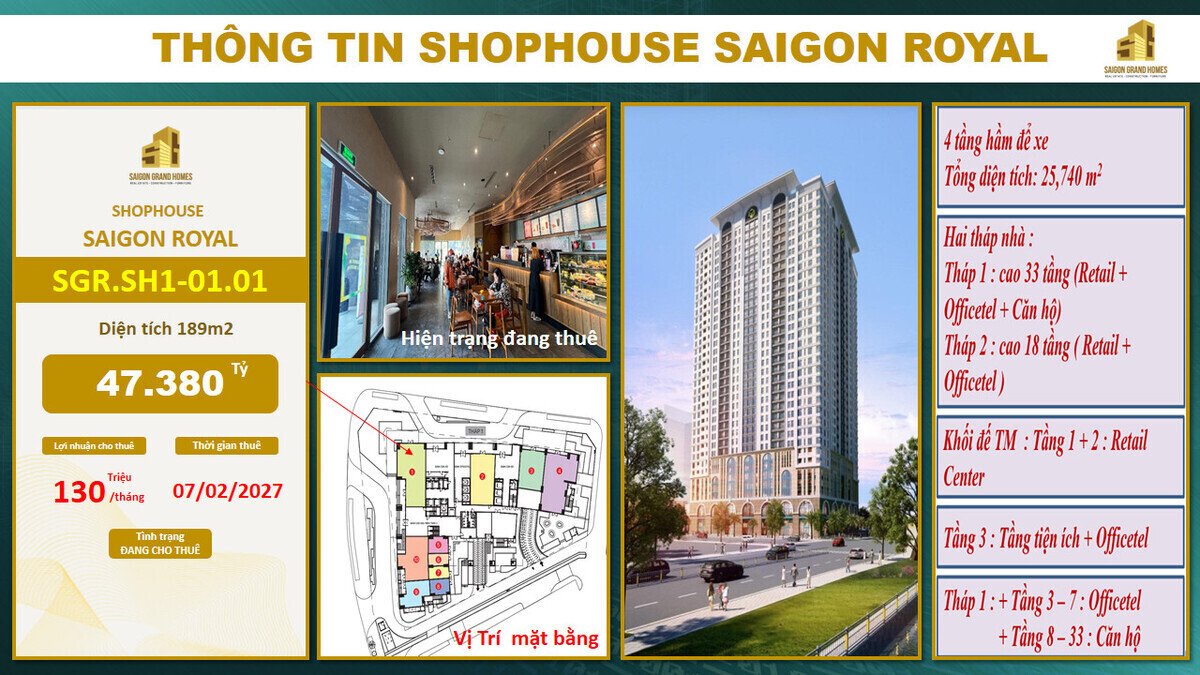 Bán Shophouse SH1-01.01, 189 m2, Sài gòn Royal. Giá 47.38 Tỷ, đang cho thuê 130tr/tháng