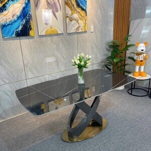 Bàn ăn mặt đá cao cấp chân bàn xoắn inox mạ titan AG 12