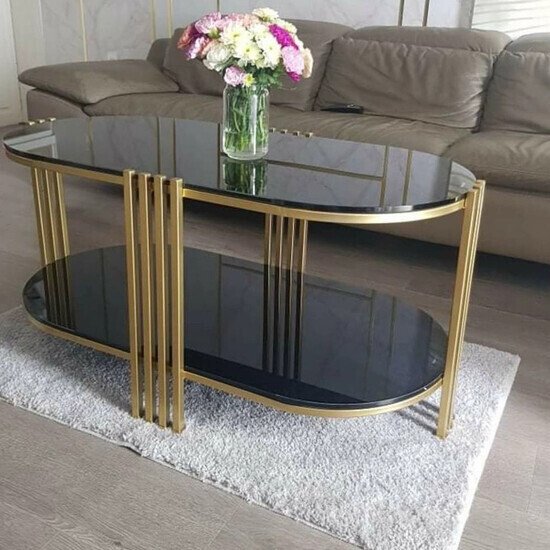 Bàn Trà 2 Tầng Mặt Kính Đen Chân Sắt Sơn Vàng AG56