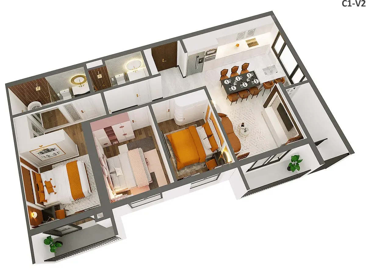 Căn hộ 3 PN loại 2-3 mặt view (102,7 - 129,2 m2)