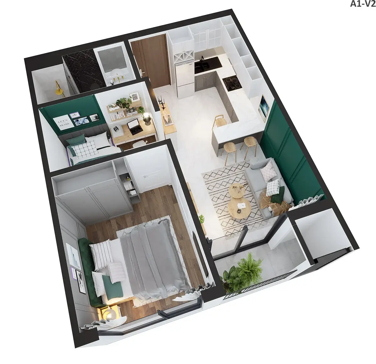 Căn hộ 2 PN + 1 WC (48,6 - 52,3 m2)