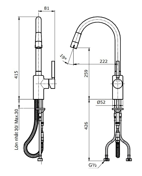 vòi bếp toto tx608knbr nóng lạnh đầu rút dây