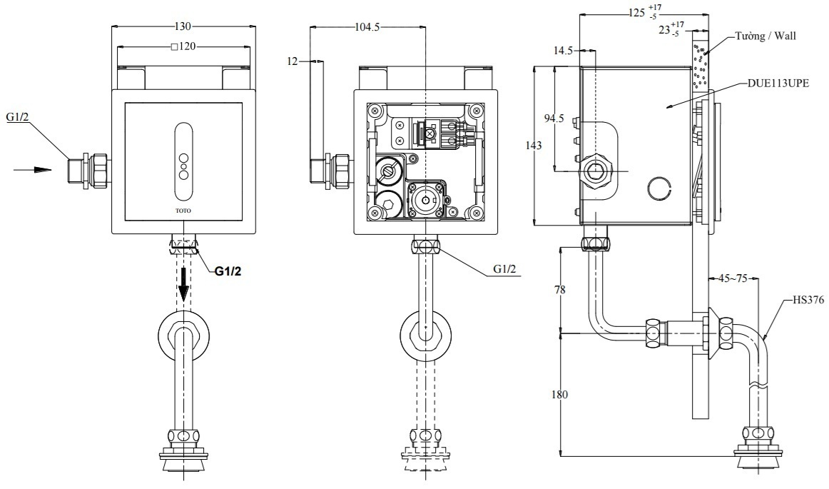 van xả tiểu cảm ứng toto ttue602an 220v âm tường