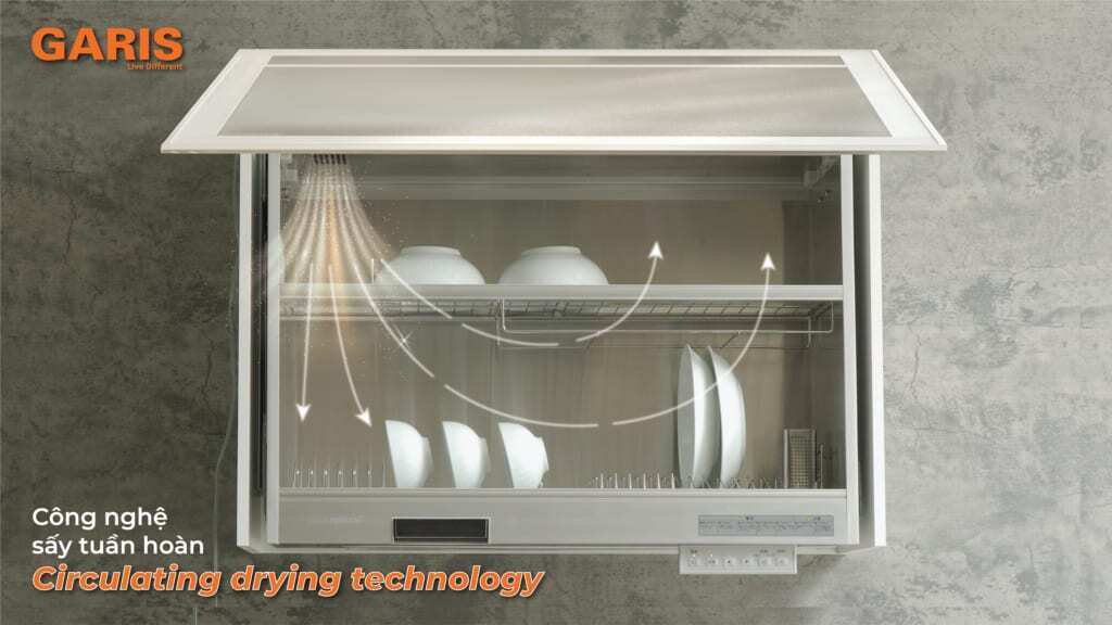 giá bát đĩa nâng hạ điện có sấy khô