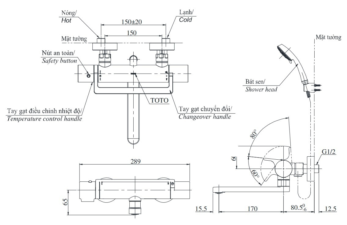 vòi sen tắm nhiệt độ nhật toto tbv03429v/tbw02017a xả bồn