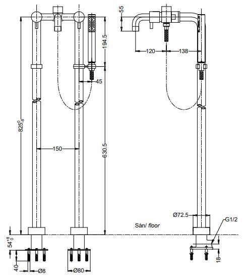 vòi sen xả bồn tắm toto tx445sesv3 đặt sàn