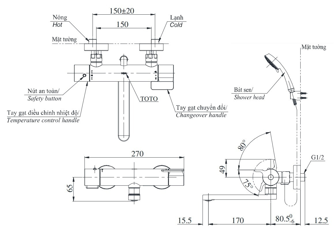 vòi sen tắm nhiệt độ nhật toto tbv03427v/tbw03002b xả bồn