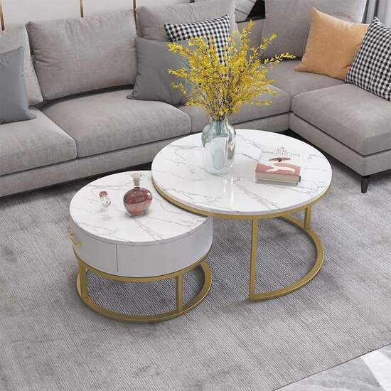 Bàn trà đôi mặt đá tròn có ngăn kéo AG40