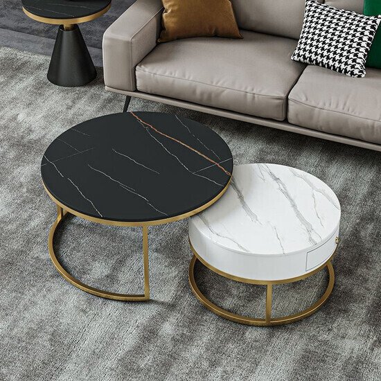 Bàn trà đôi mặt đá tròn có ngăn kéo AG40