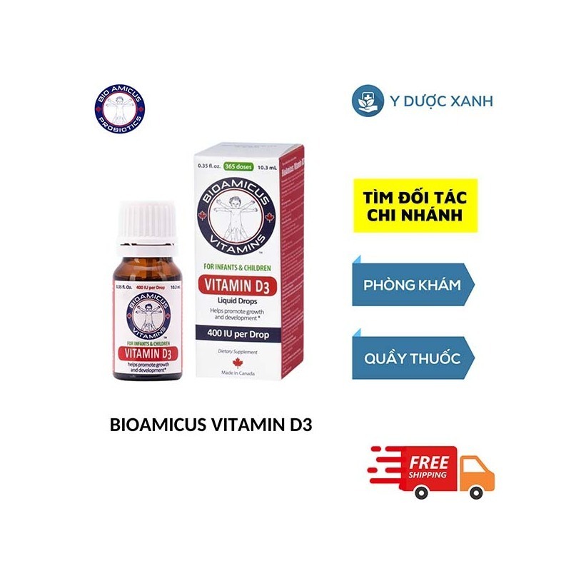 BIOAMICUS VITAMIN D3, 10ml, Dung dịch nhỏ giọt tăng cường hấp thu canxi cho bé, trẻ từ 2 tuổi của Canada