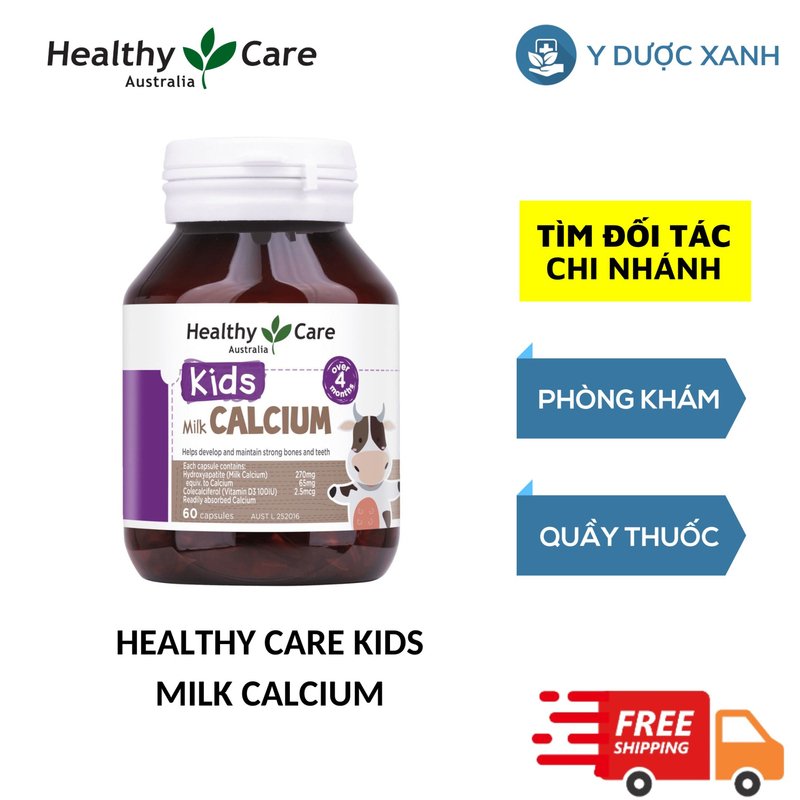 HEALTHY CARE KIDS MILK CALCIUM, Viên uống Canxi sữa cho bé bổ sung Canxi, Vitamin D3 của Úc